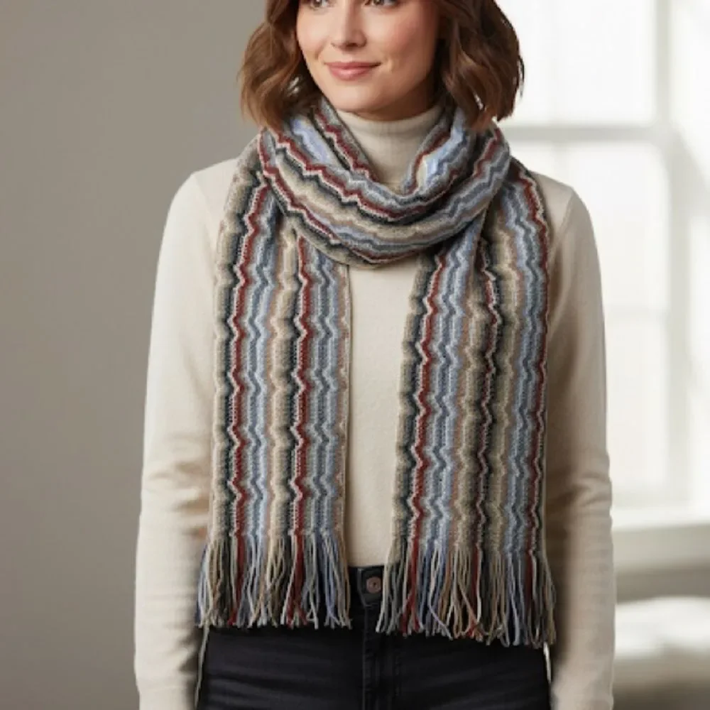 Missoni Wool Blend Zigzag Patterned Classic Scarf Blue Brown